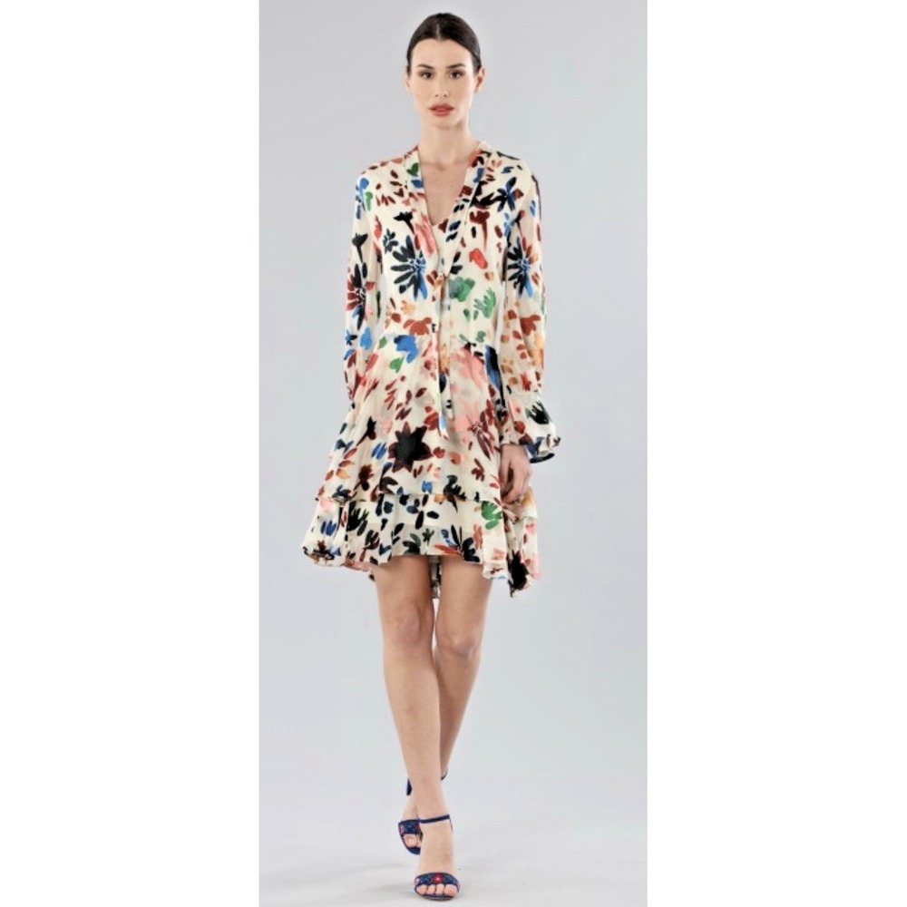 Alice + Olivia Size Small Moran Prisma Velvet Floral Burnout Dress Silk Ruffle - Picture 2 of 12